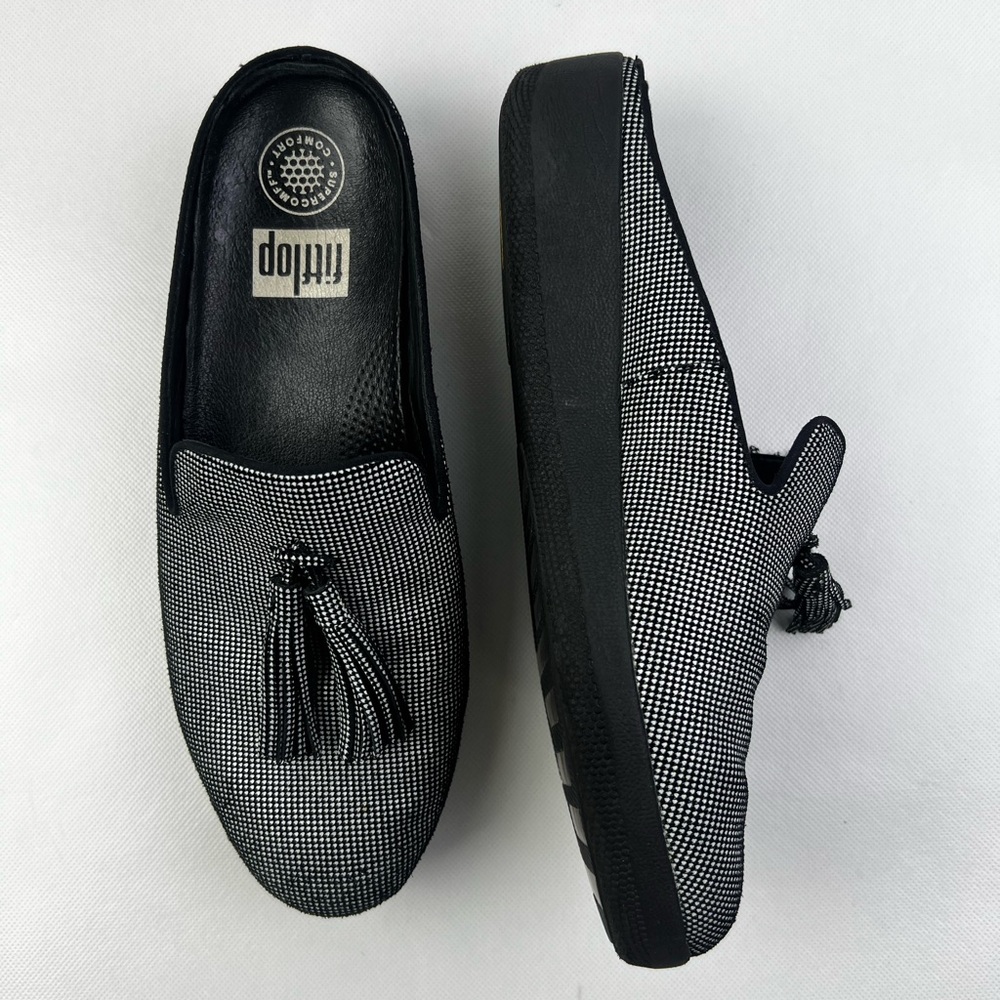 FitFlop Houndstooth Tassel Slip On Comfort Shoes Mules Size 8.5